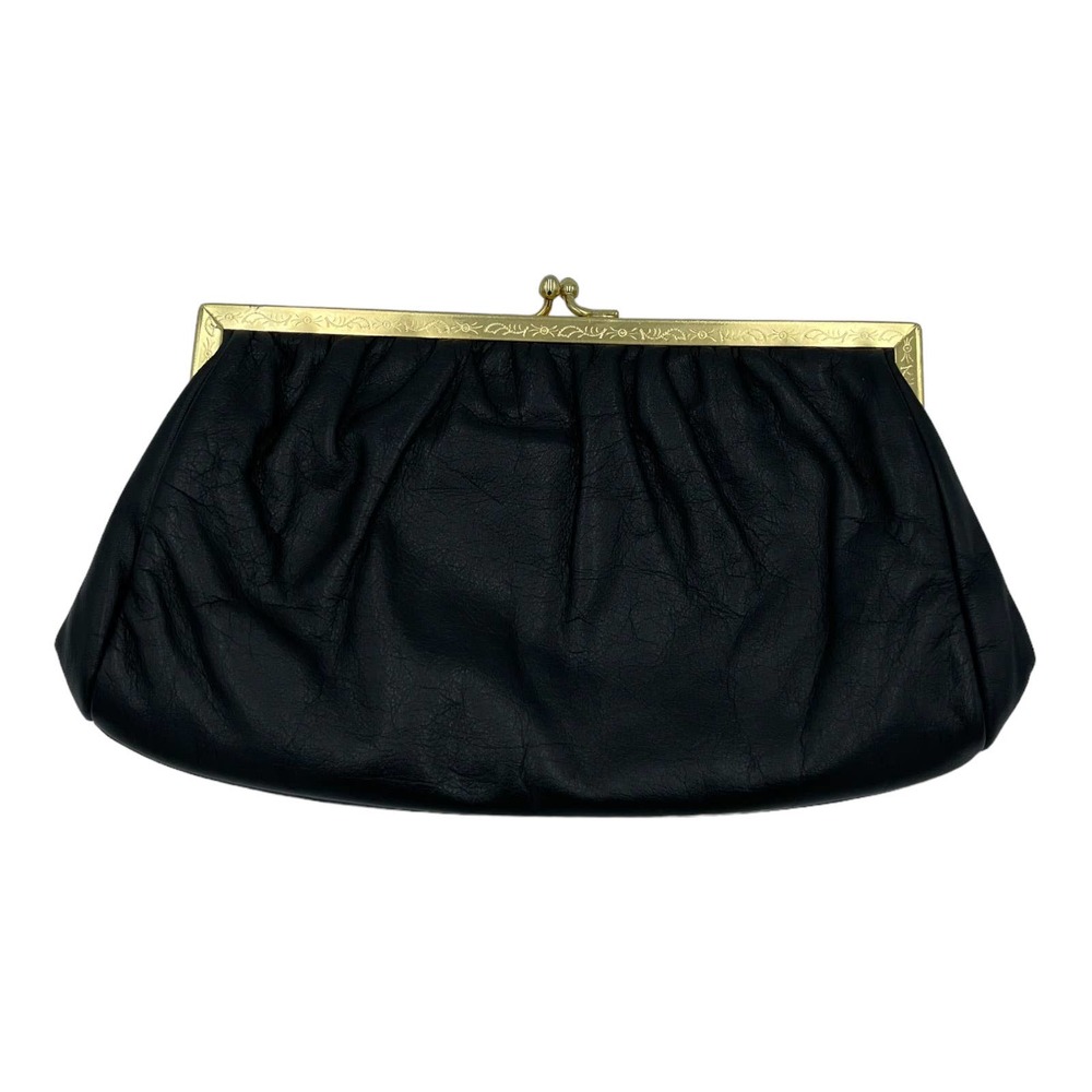 Etra Vintage Black Leather Purse With Gold Chain Clutch Handbag Convertible